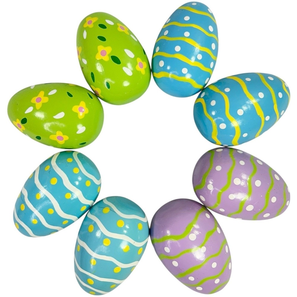 Set of 8 Wooden‎ Easter Eggs Stripes Dots Flowers